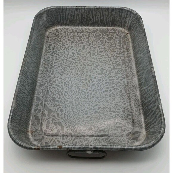 Vntg Graniteware Enamelware Roasting Pan Serving Tray Gray - Picture 1 of 9
